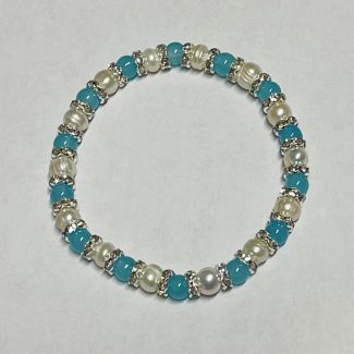7mm cultured white pearl and blue beads crystal bar stretch bracelet