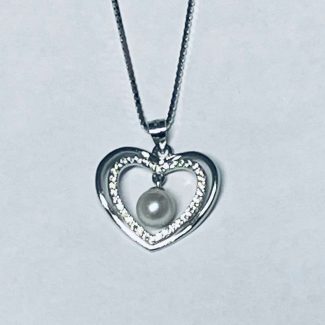 6mm AAA round cultured white pearl and sterling silver heart pendant 18 inch