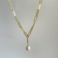 Yellow chain sterling silver paperclip necklace with 8.5mm pearl