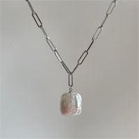White chain sterling silver paperclip necklace with 18x20mm cultured freshwater white pearl