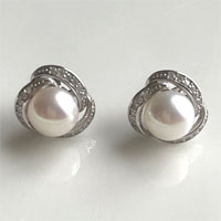 7.5-8mm cultured white pearl stud with sterling silver and cubic zirconia-white
