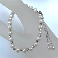 5.5-6mm cultured white pearls with adjustable sterling silver chain bracelet - white